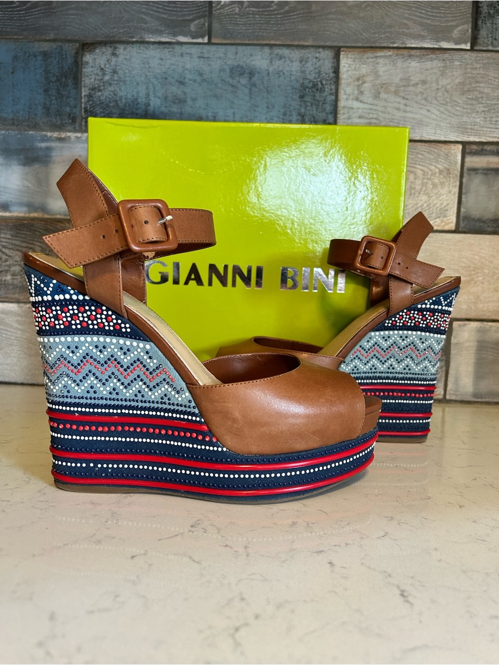 Gianni Bini Tama Hampton Tan Leather Platform Wedge Sandals